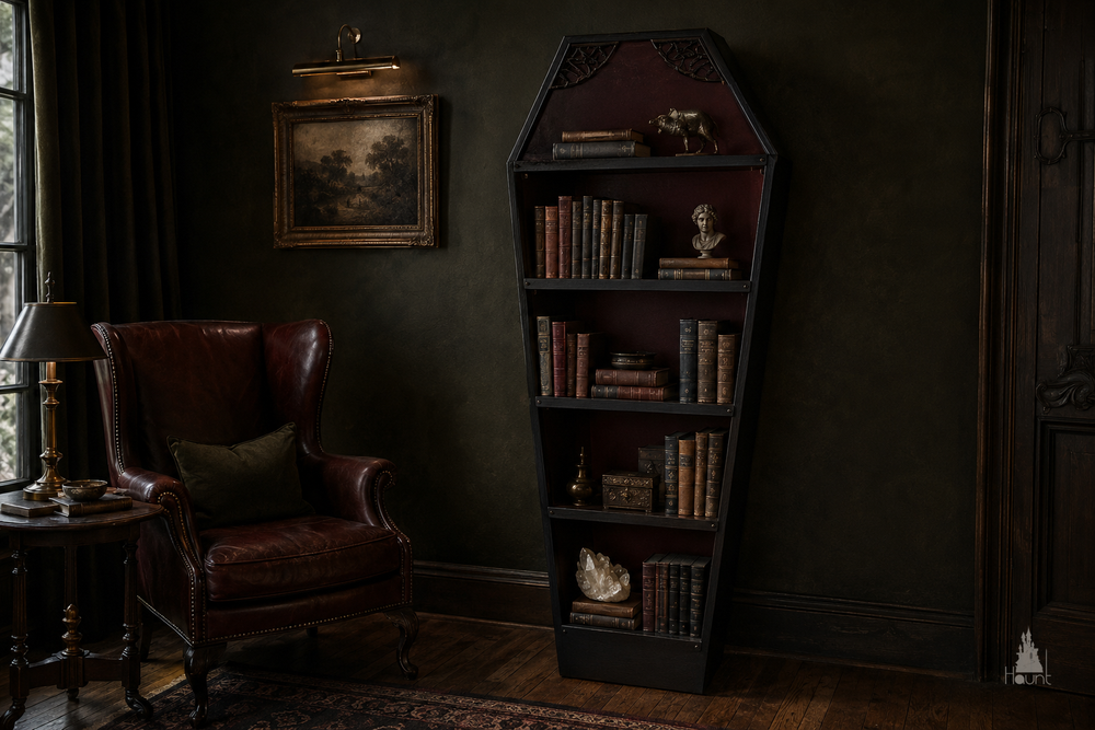 Tall dark timber coffin bookcase styled with books and sculptural objects in a refined dark academia library