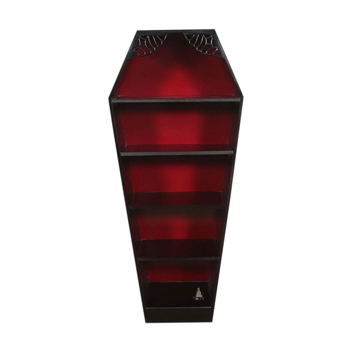 The Crypt Keeper Coffin Bookcase, a handcrafted coffin-shaped open bookcase with tapered silhouette and multiple display shelves.