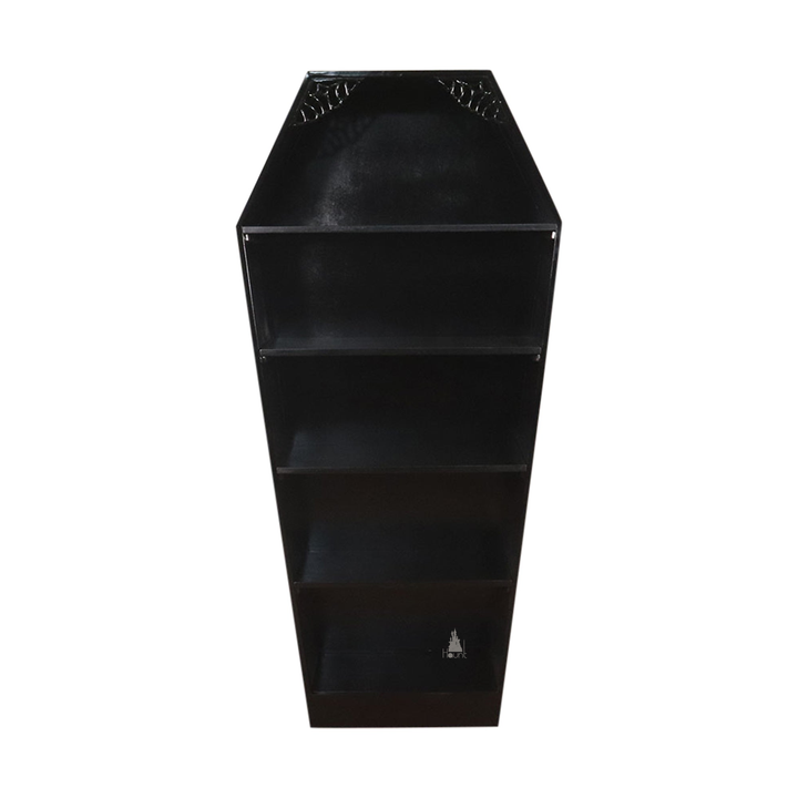 The Crypt Keeper Coffin Bookcase, a handcrafted coffin-shaped open bookcase with tapered silhouette and multiple display shelves.