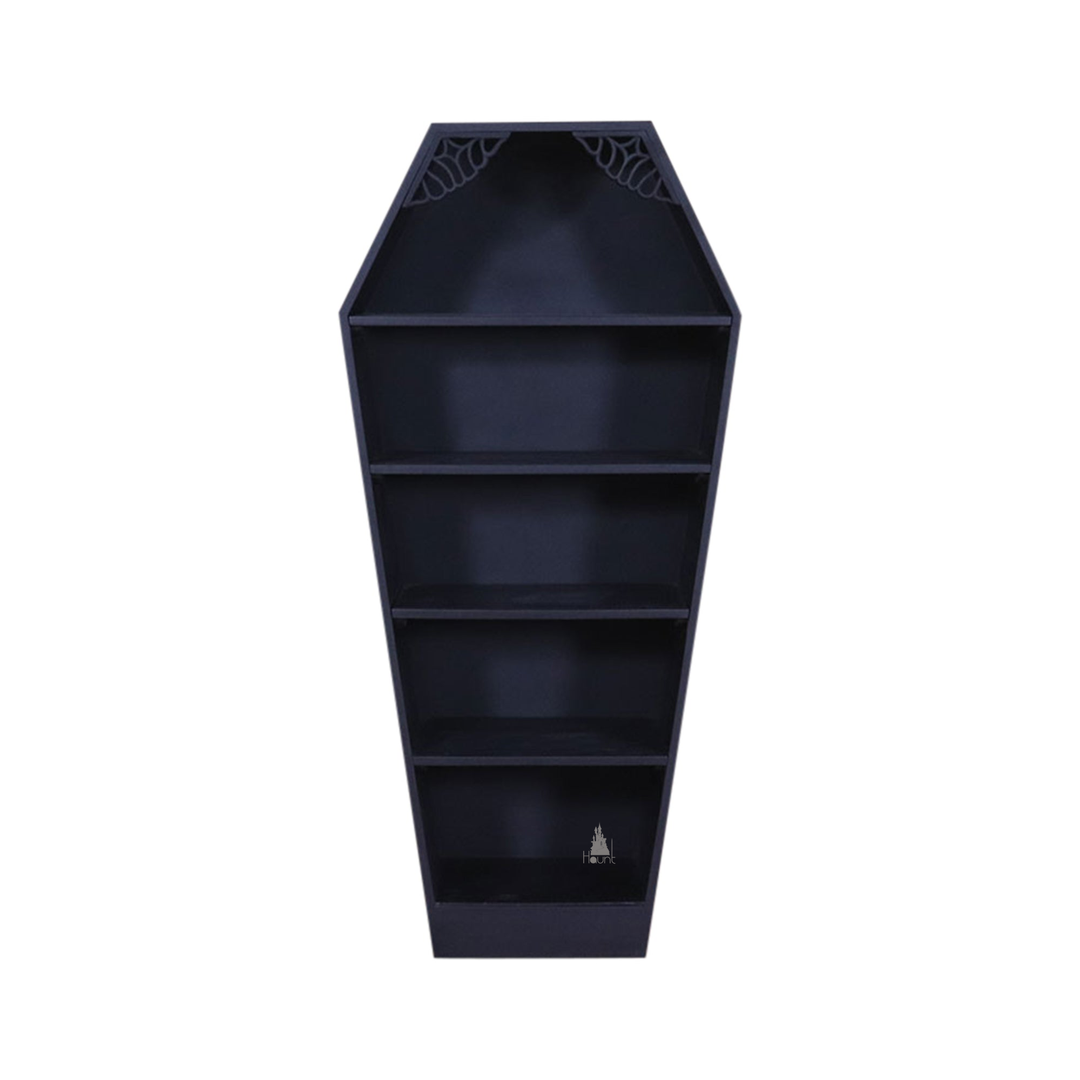 The Crypt Keeper Coffin Bookcase, a handcrafted coffin-shaped open bookcase with tapered silhouette and multiple display shelves.