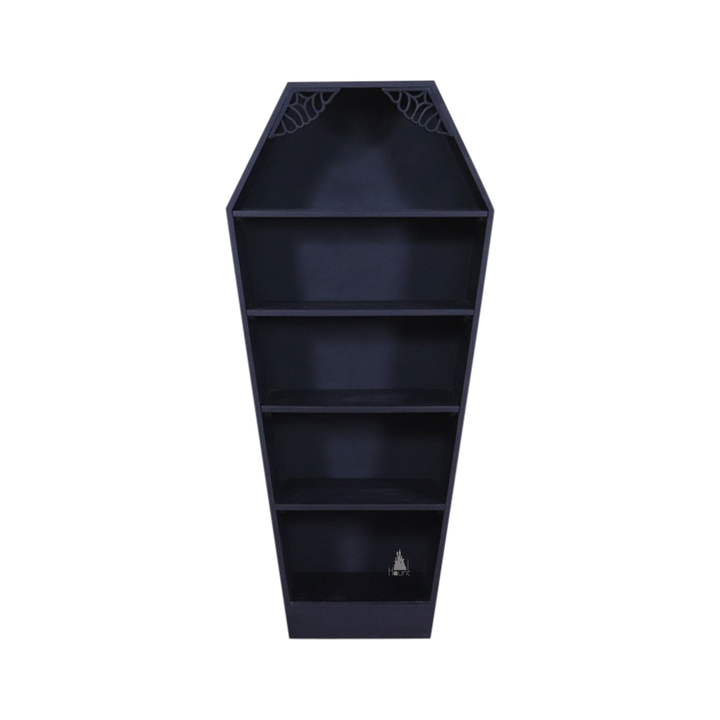 The Crypt Keeper Coffin Bookcase, a handcrafted coffin-shaped open bookcase with tapered silhouette and multiple display shelves.