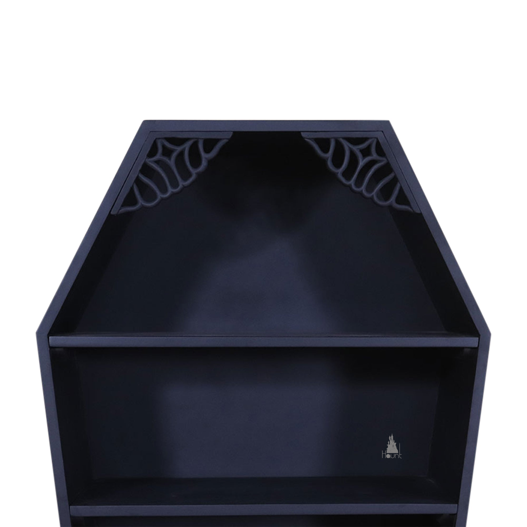 The Crypt Keeper Coffin Bookcase, a handcrafted coffin-shaped open bookcase with tapered silhouette and multiple display shelves.