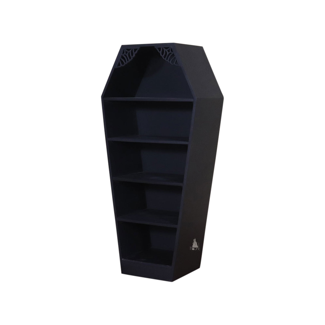 The Crypt Keeper Coffin Bookcase, a handcrafted coffin-shaped open bookcase with tapered silhouette and multiple display shelves.