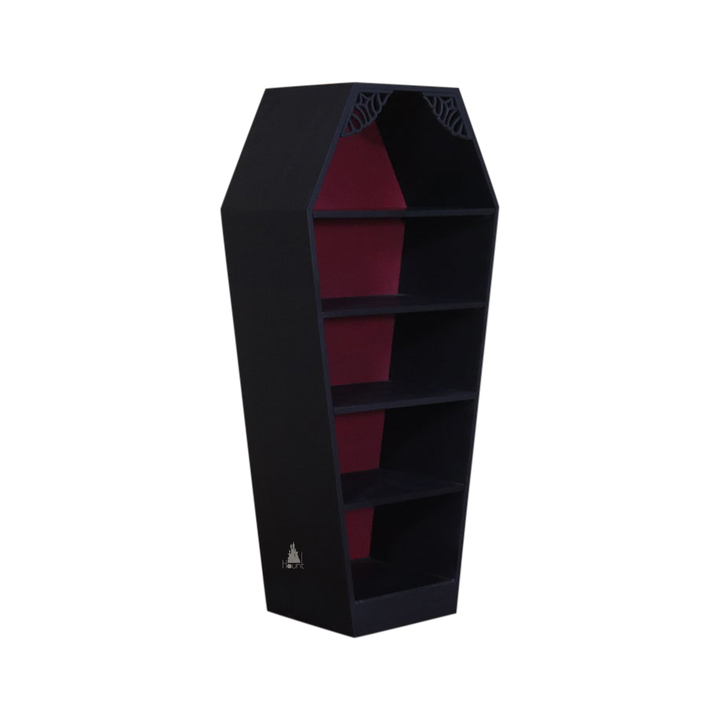 The Crypt Keeper Coffin Bookcase, a handcrafted coffin-shaped open bookcase with tapered silhouette and multiple display shelves.