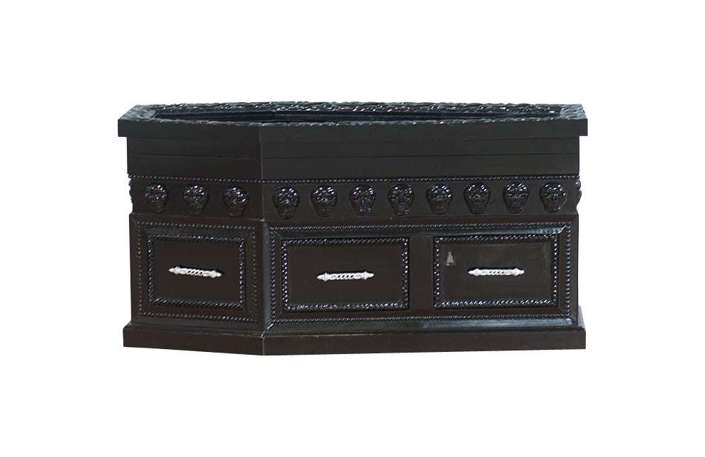 Haunt Crypt Keeper Coffin Coffee Table - handcrafted coffin-shaped gothic coffee table with skull detailing and drawer storage, image 2.