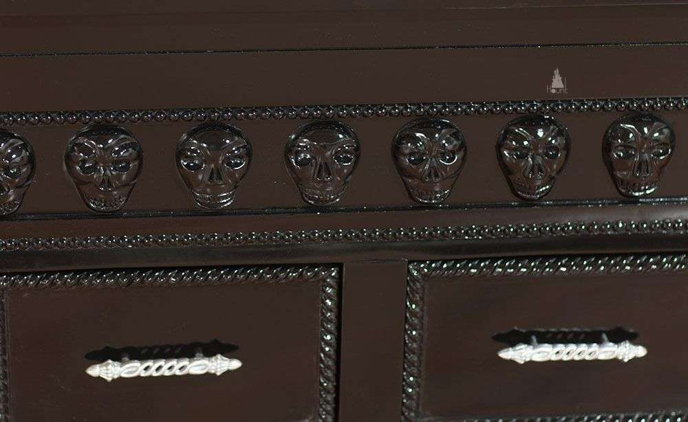 Haunt Crypt Keeper Coffin Coffee Table - handcrafted coffin-shaped gothic coffee table with skull detailing and drawer storage, image 3.