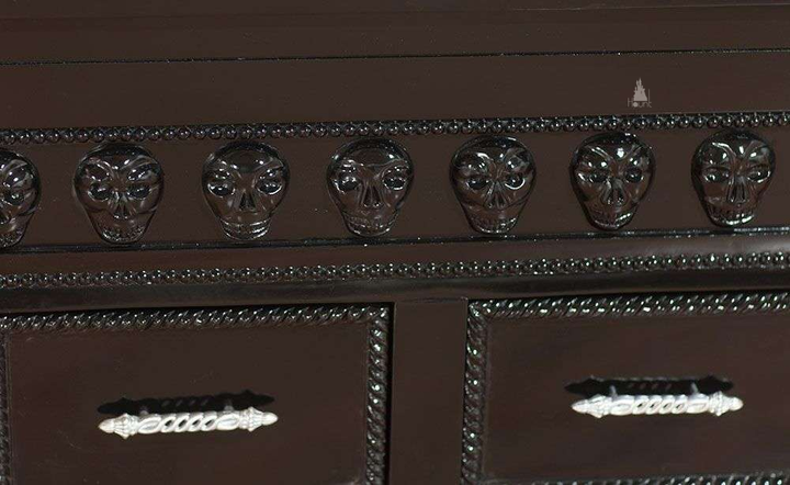 Haunt Crypt Keeper Coffin Coffee Table - handcrafted coffin-shaped gothic coffee table with skull detailing and drawer storage, image 3.