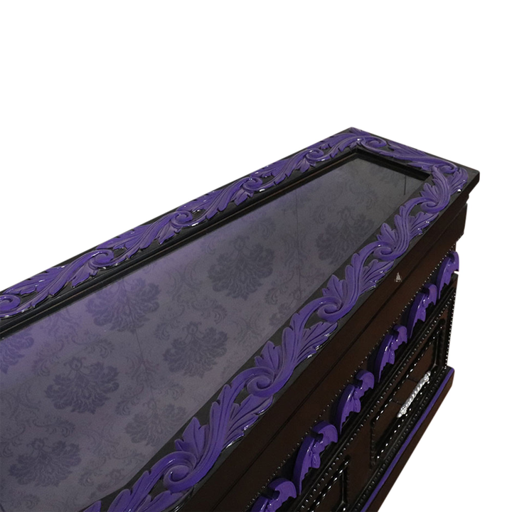 Haunt Crypt Keeper Coffin Coffee Table - handcrafted coffin-shaped gothic coffee table with skull detailing and drawer storage, image 4.