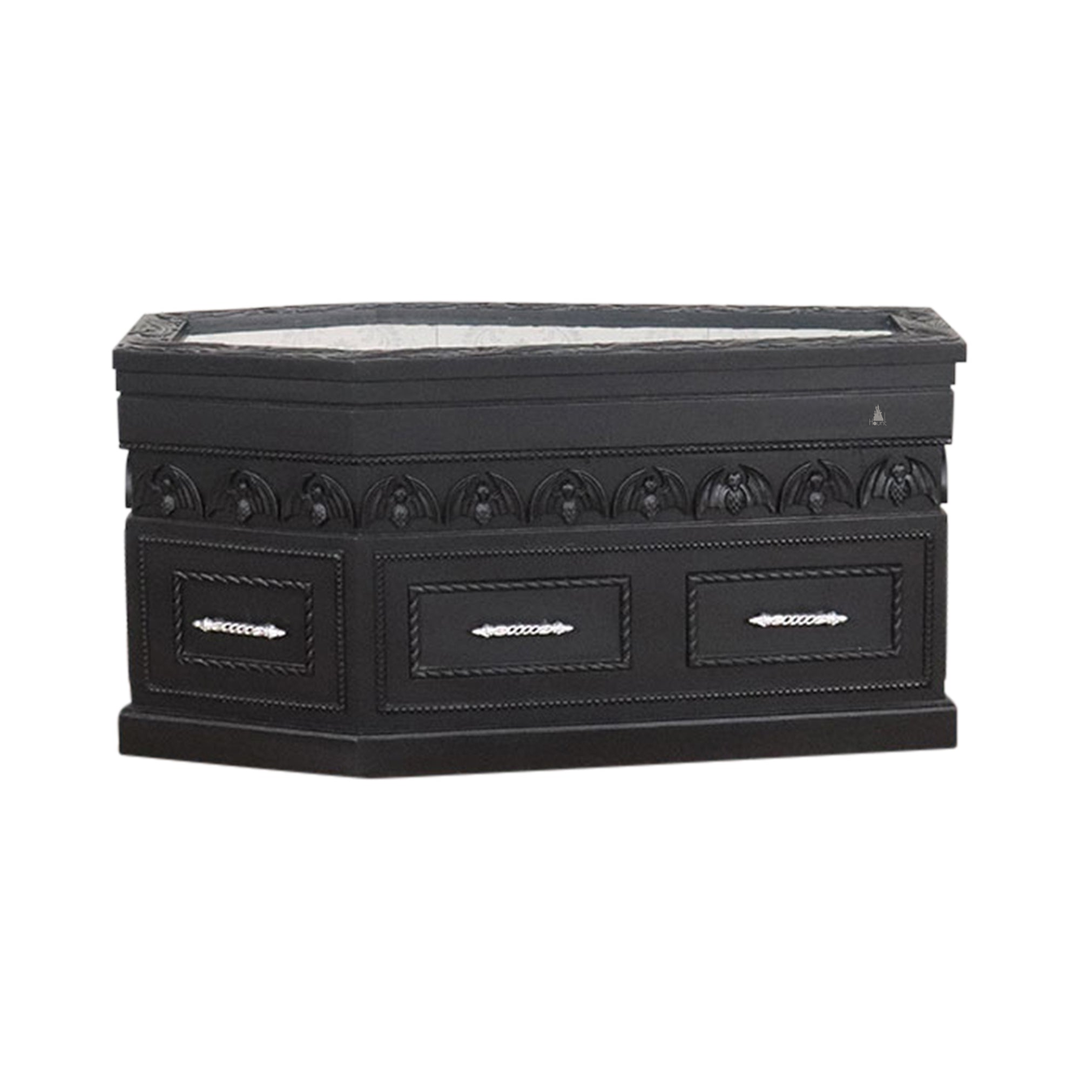 Haunt Crypt Keeper Coffin Coffee Table - handcrafted coffin-shaped gothic coffee table with skull detailing and drawer storage, image 5.
