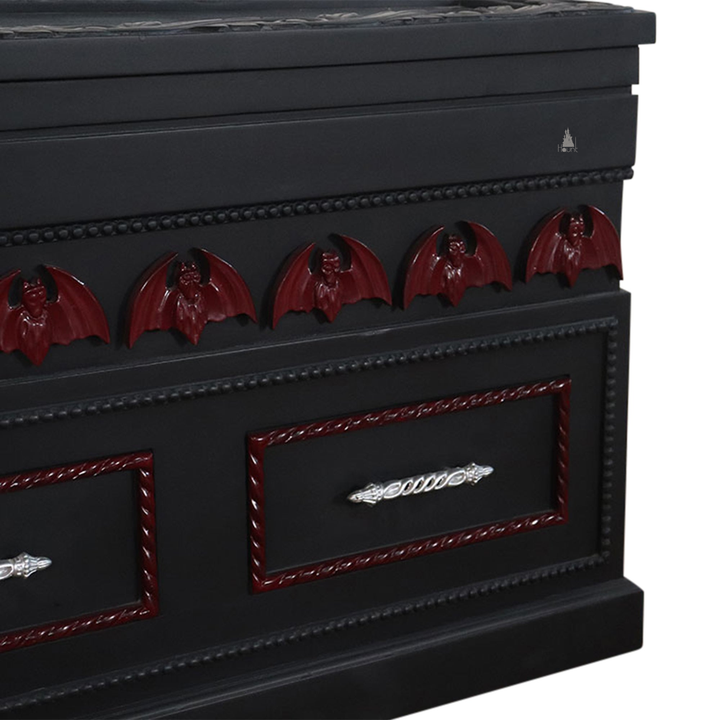 Haunt Crypt Keeper Coffin Coffee Table - handcrafted coffin-shaped gothic coffee table with skull detailing and drawer storage, image 7.