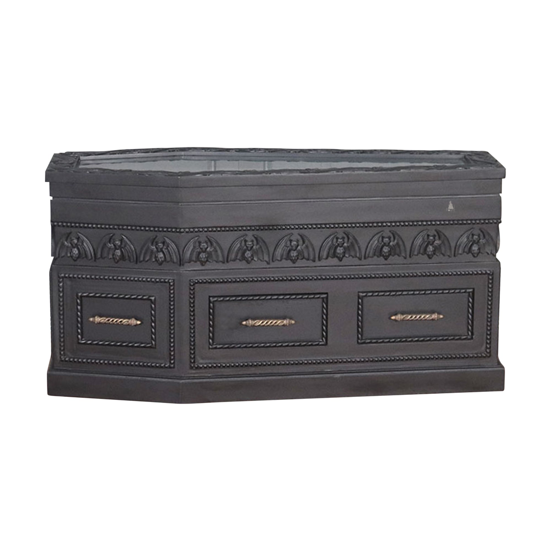 Haunt Crypt Keeper Coffin Coffee Table - handcrafted coffin-shaped gothic coffee table with skull detailing and drawer storage, image 8.