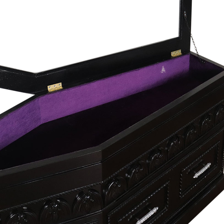 Haunt Crypt Keeper Coffin Coffee Table - handcrafted coffin-shaped gothic coffee table with skull detailing and drawer storage, image 9.