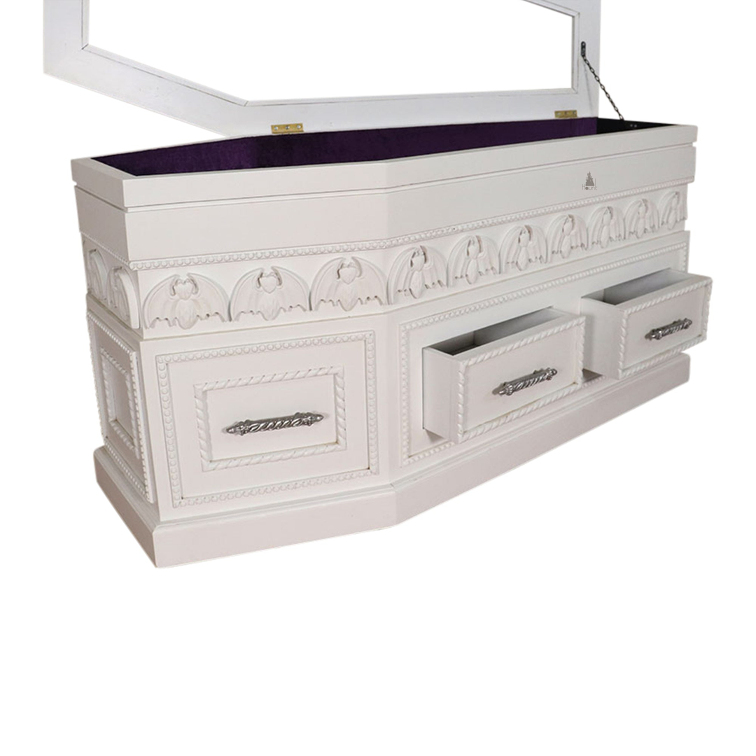 Haunt Crypt Keeper Coffin Coffee Table - handcrafted coffin-shaped gothic coffee table with skull detailing and drawer storage, image 10.
