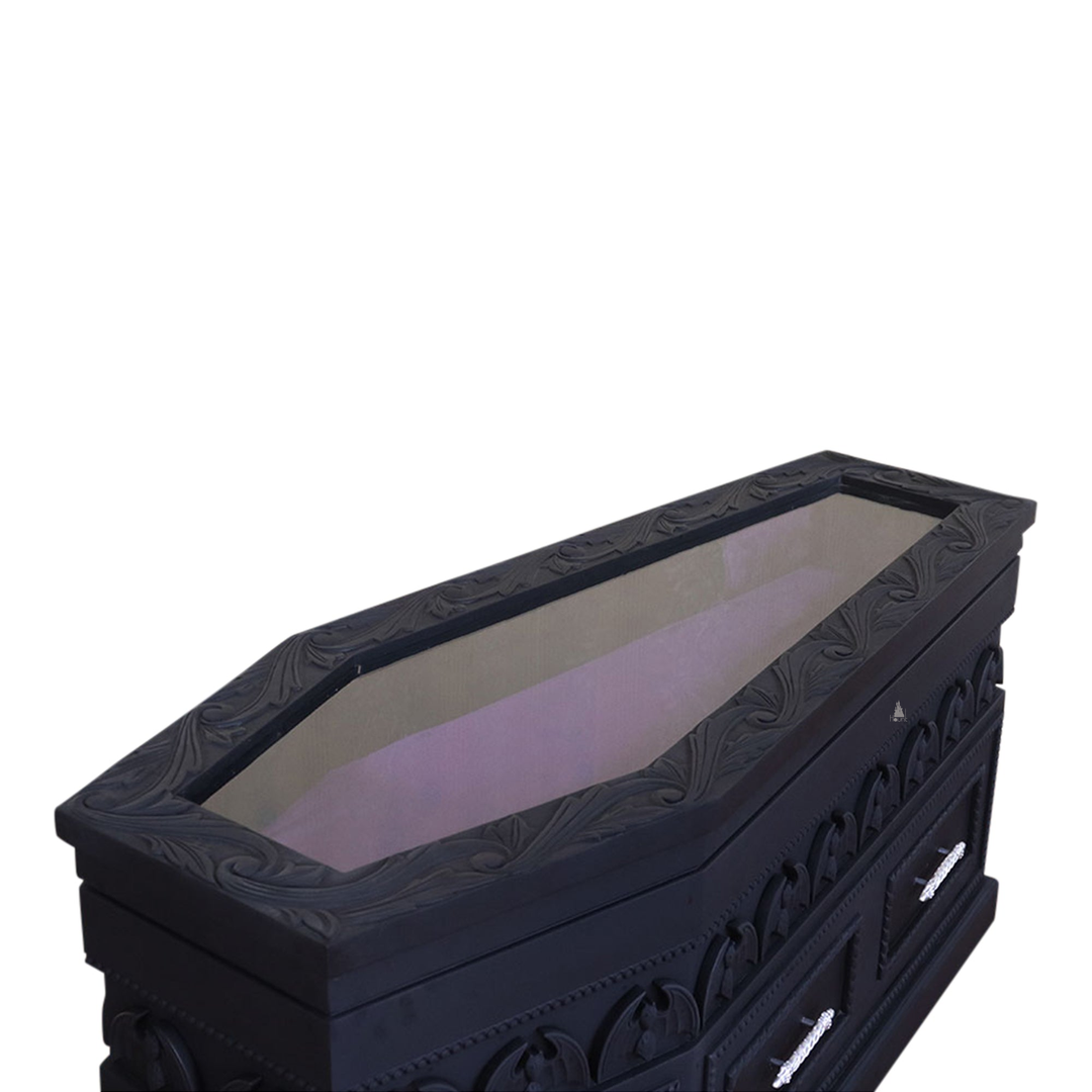 Haunt Crypt Keeper Coffin Coffee Table - handcrafted coffin-shaped gothic coffee table with skull detailing and drawer storage, image 11.