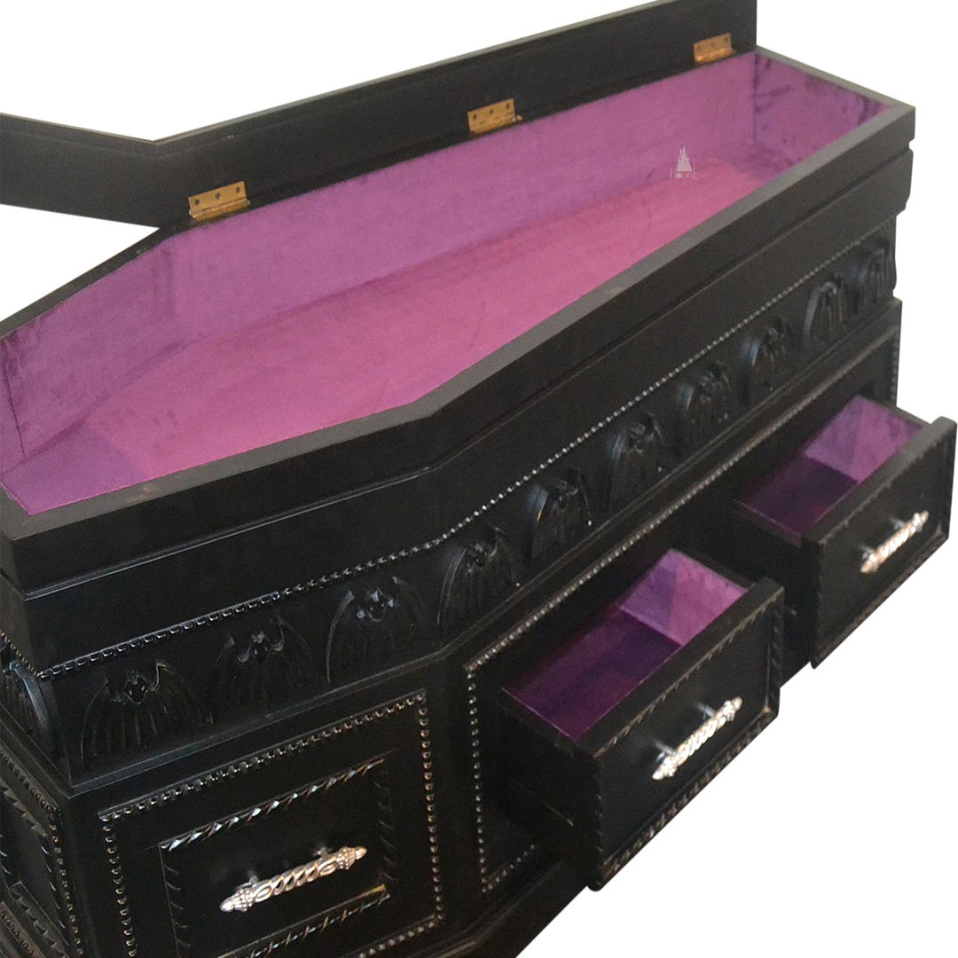 Haunt Crypt Keeper Coffin Coffee Table - handcrafted coffin-shaped gothic coffee table with skull detailing and drawer storage, image 12.