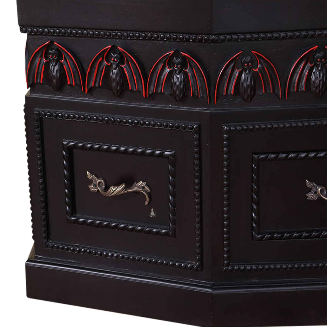 Haunt Crypt Keeper Coffin Coffee Table - handcrafted coffin-shaped gothic coffee table with skull detailing and drawer storage, image 13.