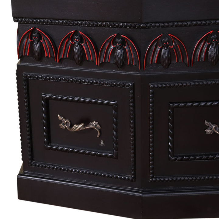 Haunt Crypt Keeper Coffin Coffee Table - handcrafted coffin-shaped gothic coffee table with skull detailing and drawer storage, image 13.