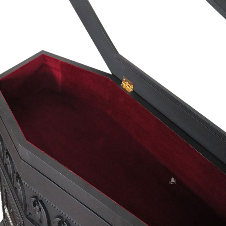 Haunt Crypt Keeper Coffin Coffee Table - handcrafted coffin-shaped gothic coffee table with skull detailing and drawer storage, image 14.