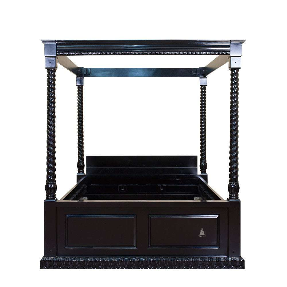 The Dark Desires Bed, a BDSM-inspired handcrafted four poster bed with barley-twist posts, a rectangular tester frame and a paneled base.