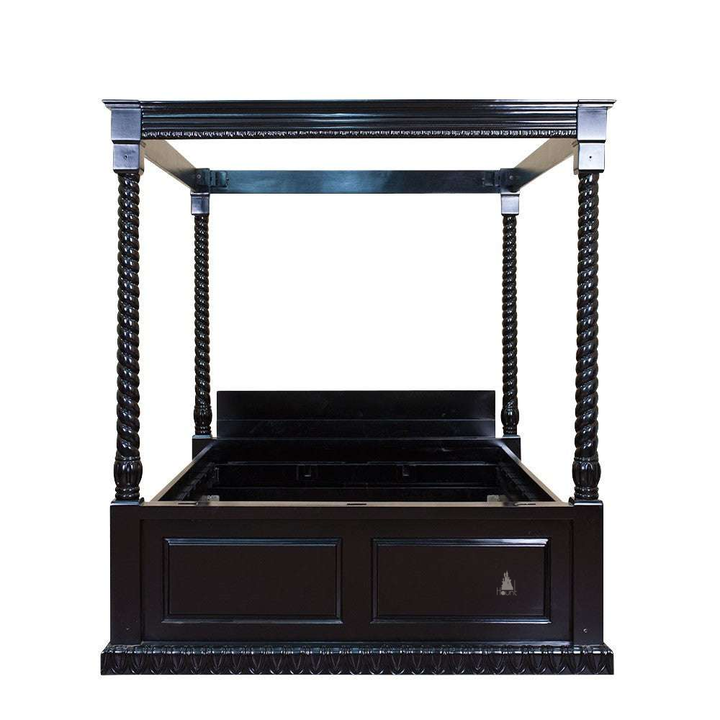 The Dark Desires Bed, a BDSM-inspired handcrafted four poster bed with barley-twist posts, a rectangular tester frame and a paneled base.