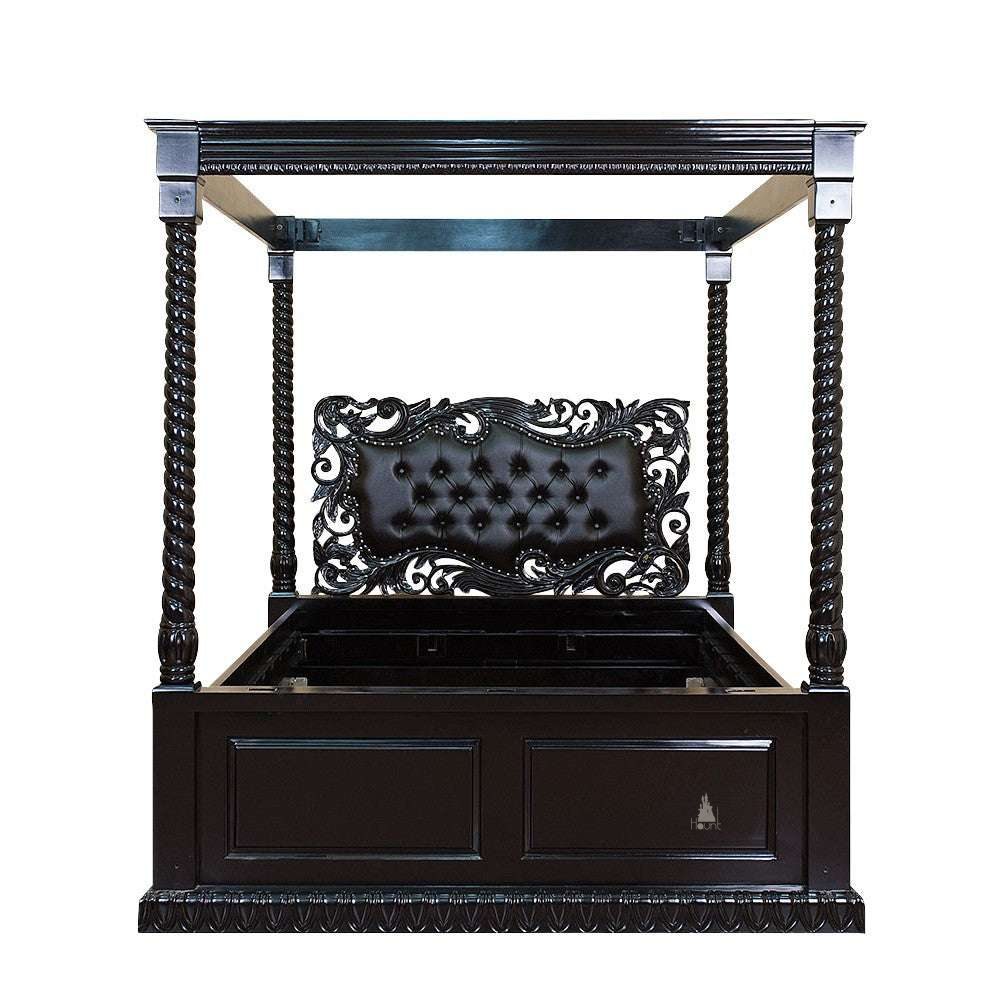 The Dark Desires Bed with Twisted Headboard, a BDSM-inspired handcrafted four poster bed with barley-twist posts and an ornate tufted headboard insert.