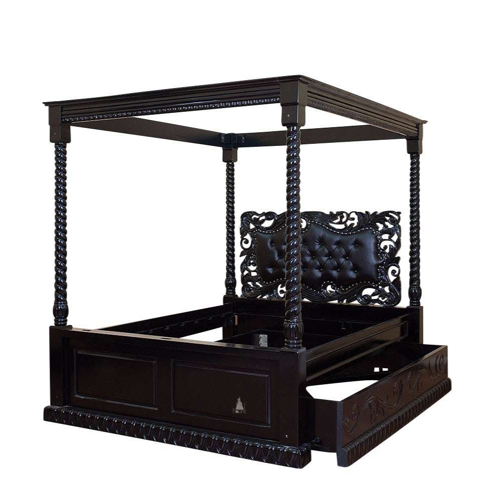 The Dark Desires Bed with Twisted Headboard, a BDSM-inspired handcrafted four poster bed with barley-twist posts and an ornate tufted headboard insert.