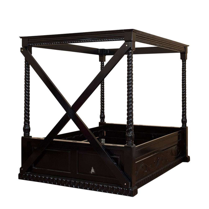 The Dark Desires Chained Bed, a BDSM-inspired handcrafted four poster bed with barley-twist posts, paneled base and crossed side structure.