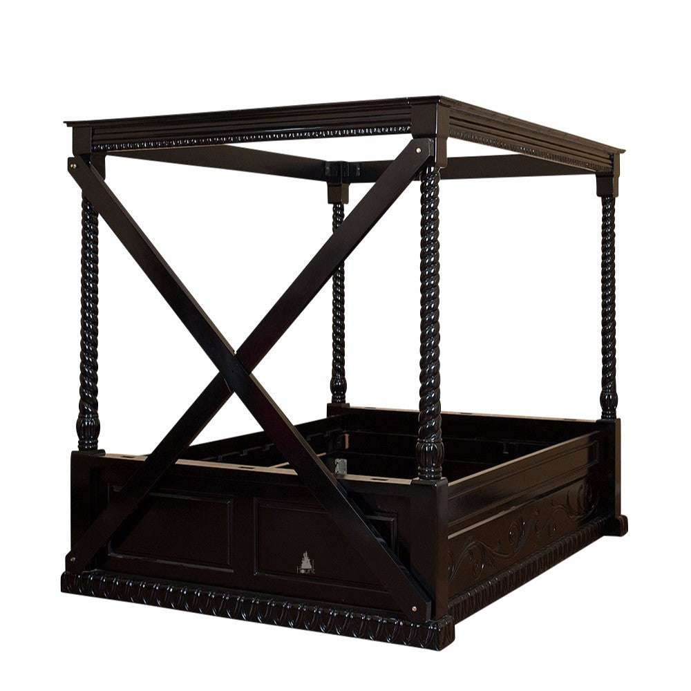 The Dark Desires Chained Bed, a BDSM-inspired handcrafted four poster bed with barley-twist posts, paneled base and crossed side structure.