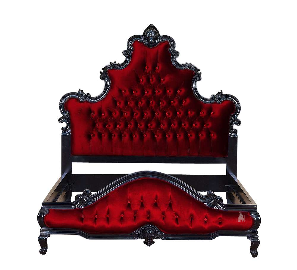 The Death Aphrodite Bed, a handcrafted upholstered gothic bed with a tall shaped headboard, curved footboard and a carved skull crest.