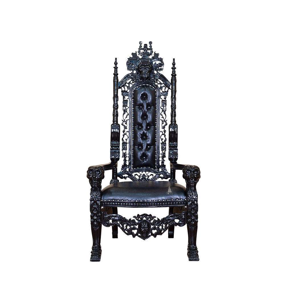 Death Emperor Throne, a tall gothic throne with a narrow button-tufted back, spired side posts and open carved tracery