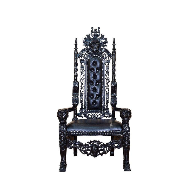 Death Emperor Throne, a tall gothic throne with a narrow button-tufted back, spired side posts and open carved tracery