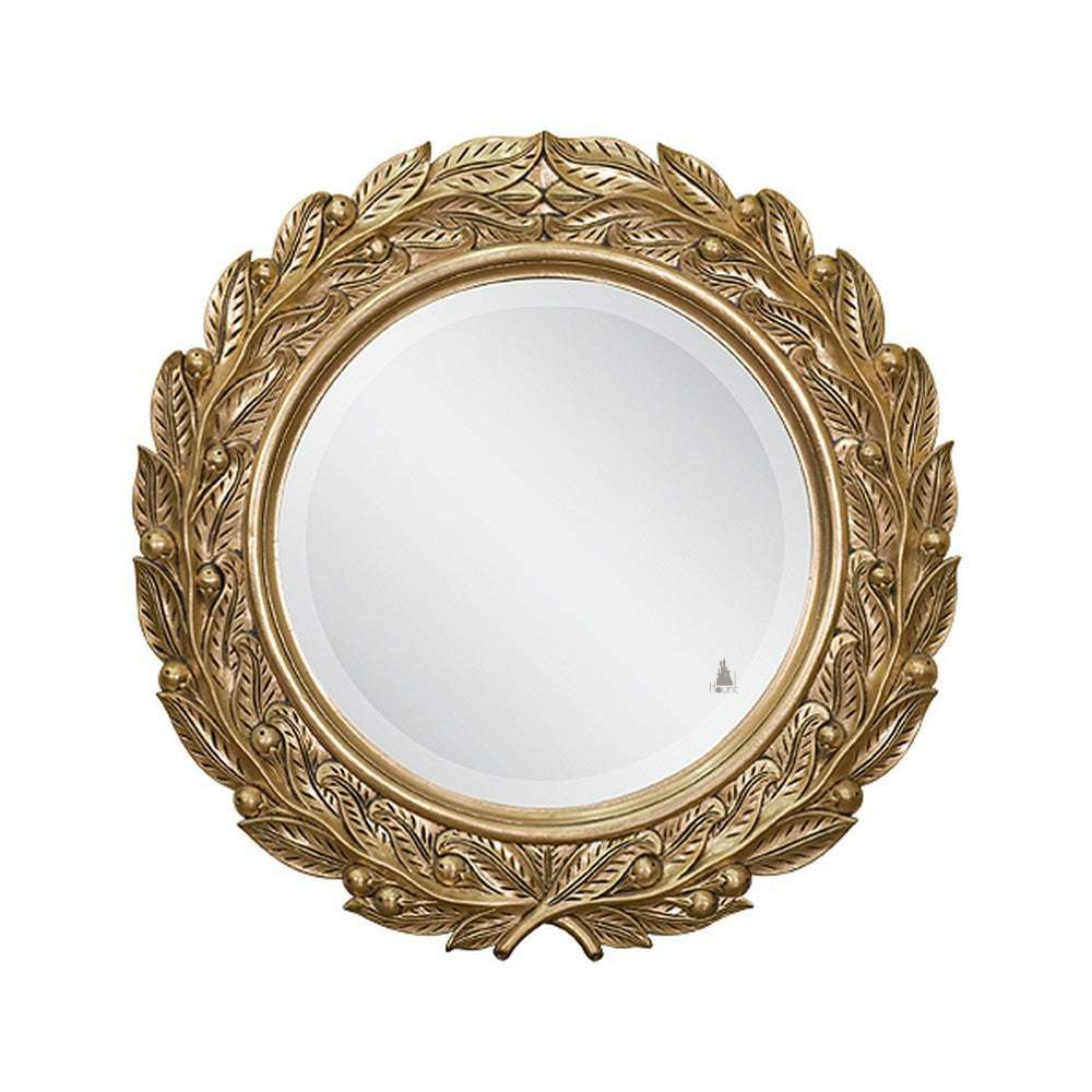 Emperor Mirror, a round wall mirror set inside a carved wreath-style frame with layered leaf detailing and raised ornamental accents