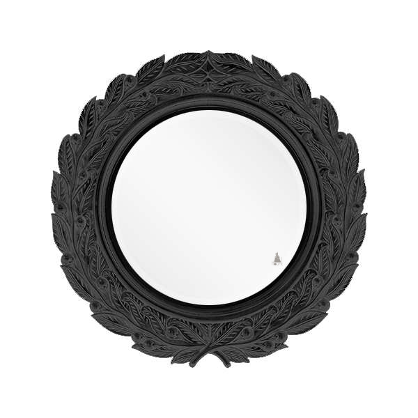 Another view of the Emperor Mirror, a round wall mirror set inside a carved wreath-style frame with layered leaf detailing
