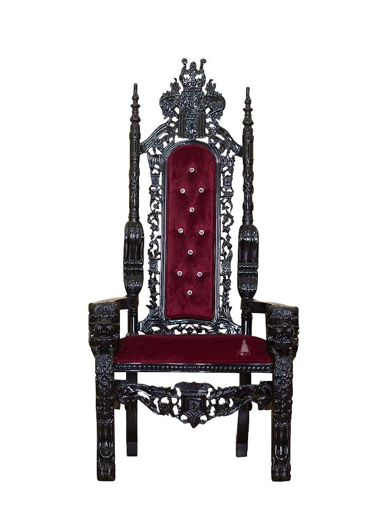 The Emperor Throne, a handcrafted gothic throne chair with a tall openwork back, crown-like cresting and upholstered back and seat panels.