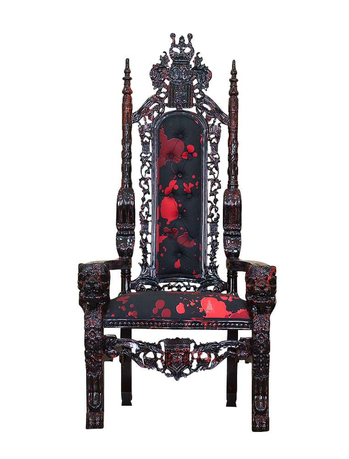 The Emperor Throne, a handcrafted gothic throne chair with a tall openwork back, crown-like cresting and upholstered back and seat panels.