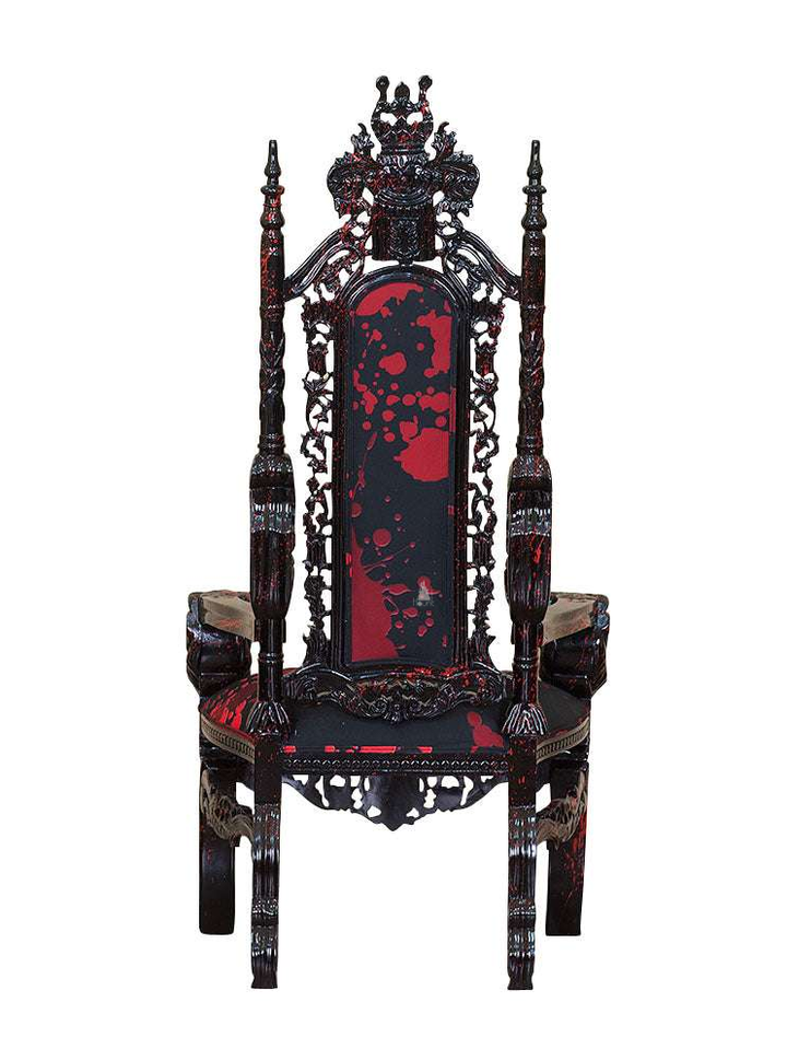 The Emperor Throne, a handcrafted gothic throne chair with a tall openwork back, crown-like cresting and upholstered back and seat panels.