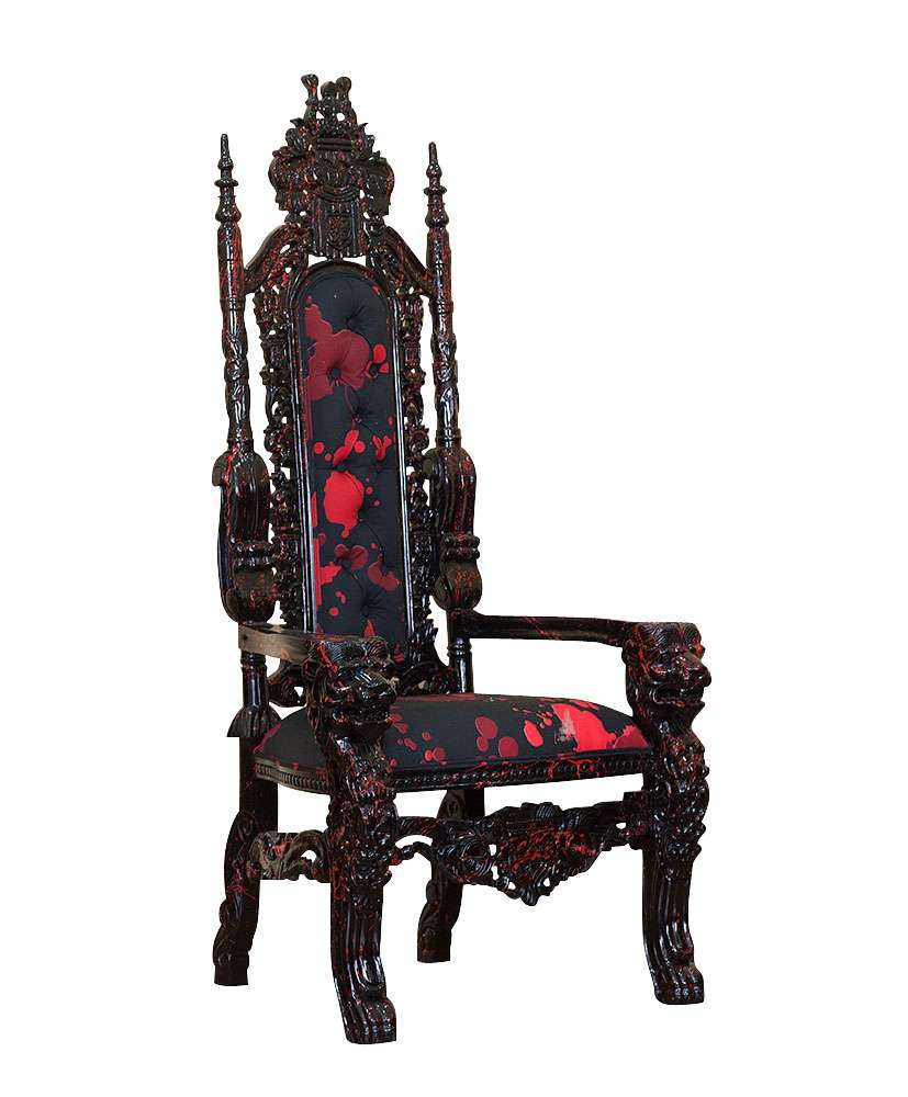 The Emperor Throne, a handcrafted gothic throne chair with a tall openwork back, crown-like cresting and upholstered back and seat panels.