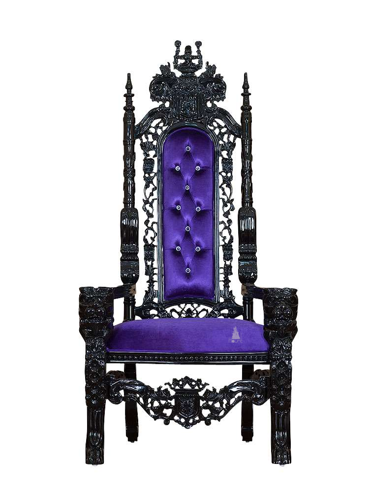 The Emperor Throne, a handcrafted gothic throne chair with a tall openwork back, crown-like cresting and upholstered back and seat panels.