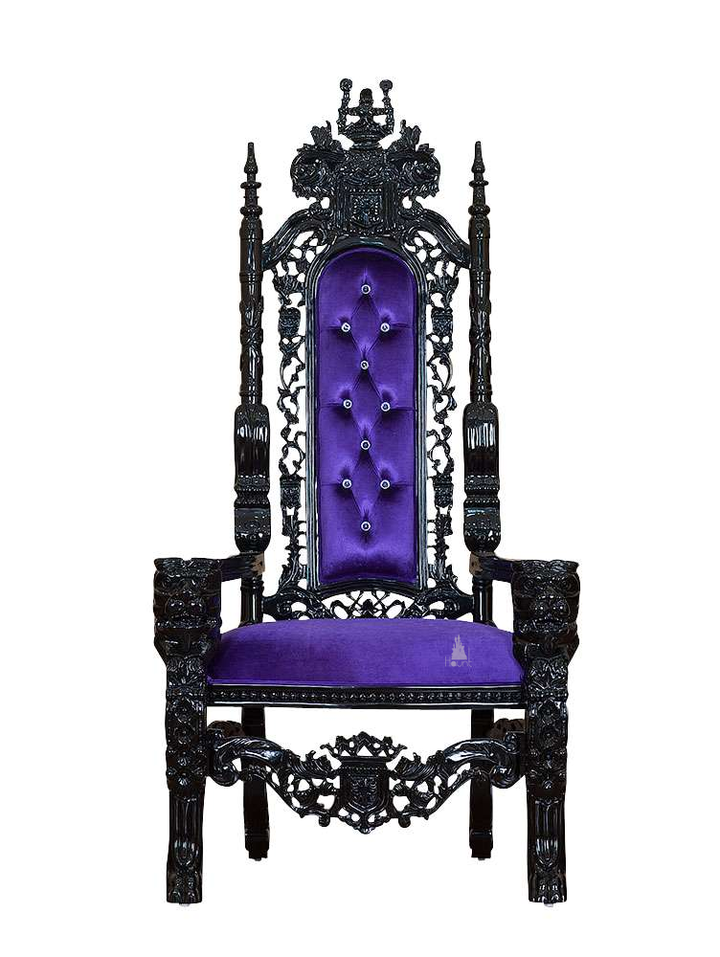 The Emperor Throne, a handcrafted gothic throne chair with a tall openwork back, crown-like cresting and upholstered back and seat panels.