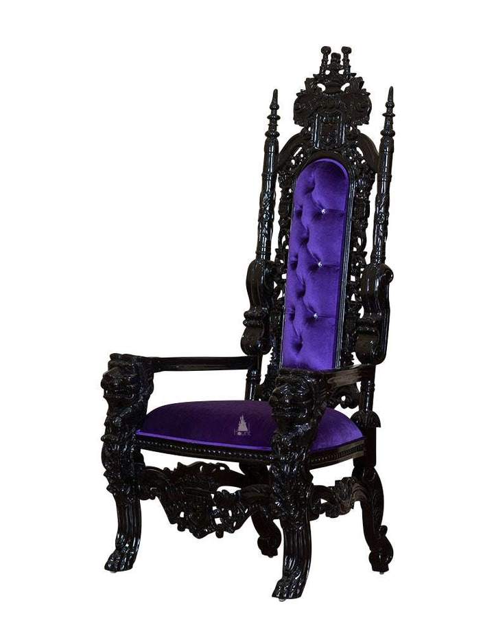The Emperor Throne, a handcrafted gothic throne chair with a tall openwork back, crown-like cresting and upholstered back and seat panels.