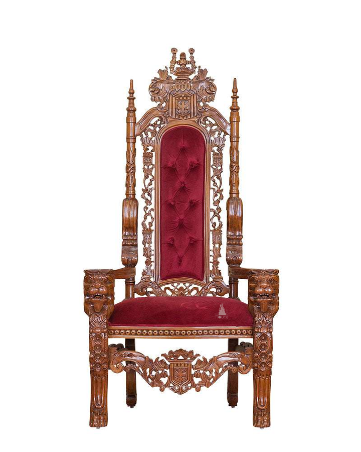 The Emperor Throne, a handcrafted gothic throne chair with a tall openwork back, crown-like cresting and upholstered back and seat panels.