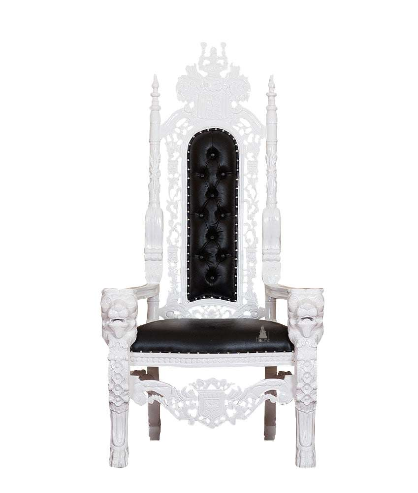 The Emperor Throne, a handcrafted gothic throne chair with a tall openwork back, crown-like cresting and upholstered back and seat panels.
