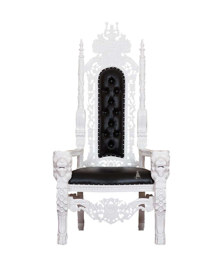 The Emperor Throne, a handcrafted gothic throne chair with a tall openwork back, crown-like cresting and upholstered back and seat panels.