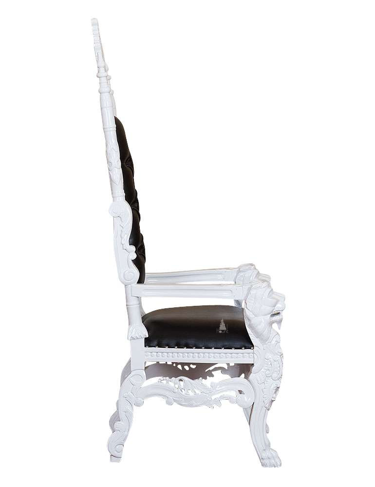 The Emperor Throne, a handcrafted gothic throne chair with a tall openwork back, crown-like cresting and upholstered back and seat panels.