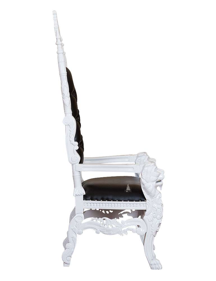 The Emperor Throne, a handcrafted gothic throne chair with a tall openwork back, crown-like cresting and upholstered back and seat panels.