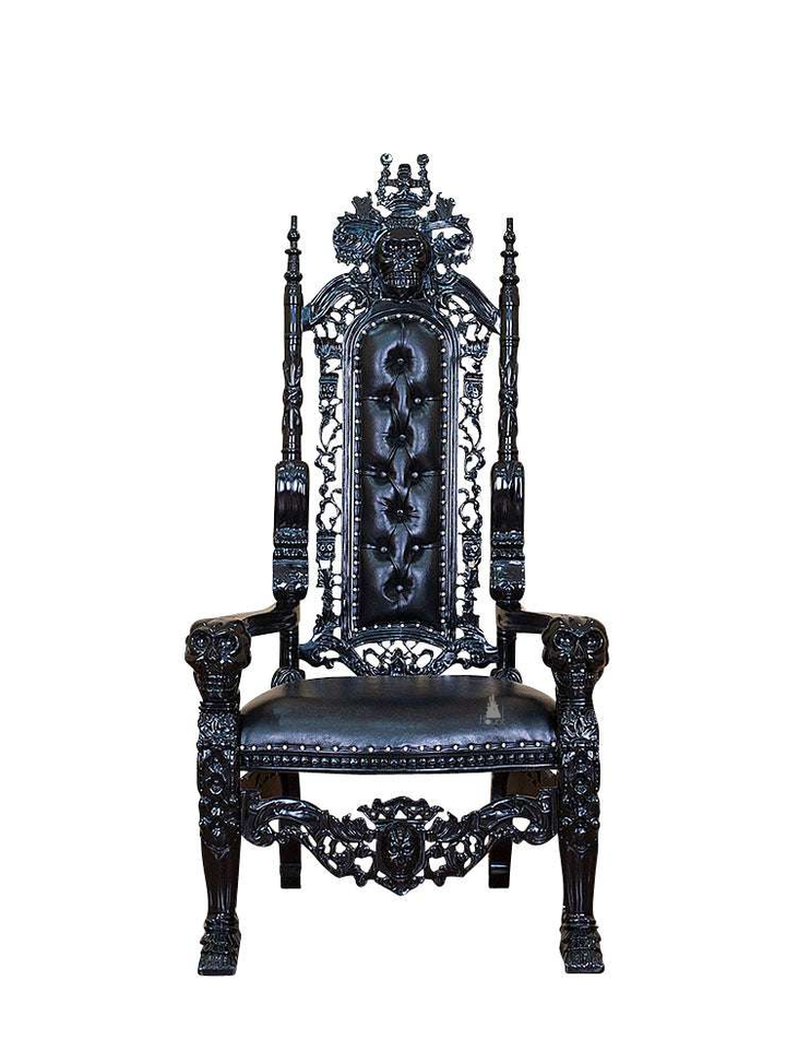 The Emperor Throne, a handcrafted gothic throne chair with a tall openwork back, crown-like cresting and upholstered back and seat panels.