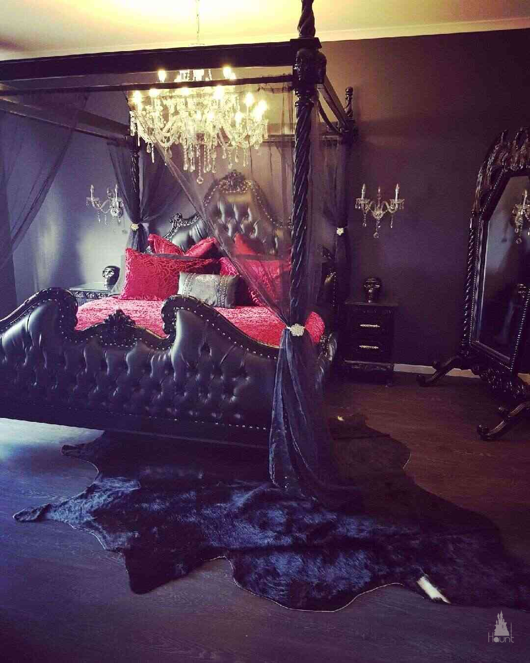 Hocus Pocus Package bedroom setup with upgraded black Luxe canopy bed, skull details, gothic bedsides and Queen of the Damned cheval mirror