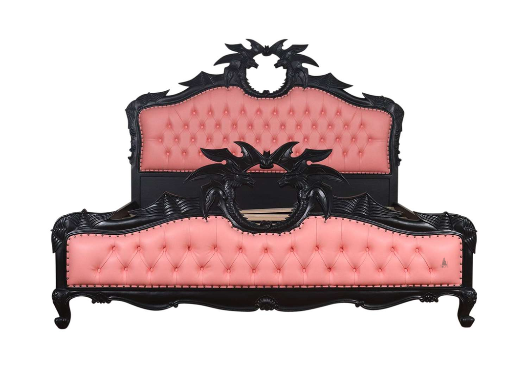 The House of Fire Bed, a handcrafted upholstered gothic bed with a shaped headboard, button tufting and carved dragon motifs on the headboard and footboard.