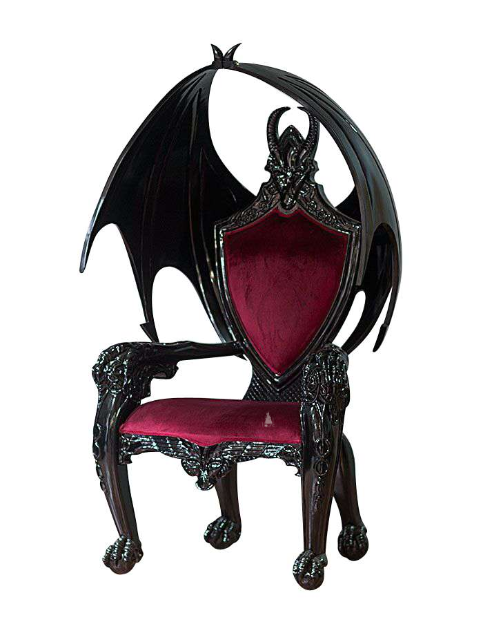 The House of Fire Throne, a handcrafted gothic throne chair with a bat-wing frame, horned carved crest and shield-shaped upholstered back.