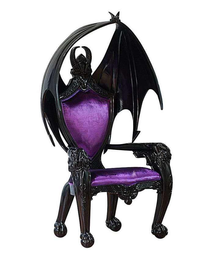 The House of Fire Throne, a handcrafted gothic throne chair with a bat-wing frame, horned carved crest and shield-shaped upholstered back.